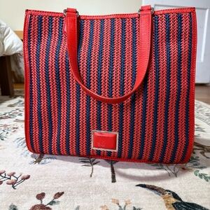 MARC JACOBS Large Tote SAMI Red Orange Navy Woven Weaved w/ Leather Trim Handle